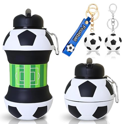 JhavexToy Trinkflasche Fußball 550 ML, Faltbare Wasserflasche aus Silikon, Kinder-Sport Football Trinkflasche mit Fußball Schlüsselanhänger für Jungen Kinder, Erwachsene und Sportliebhaber