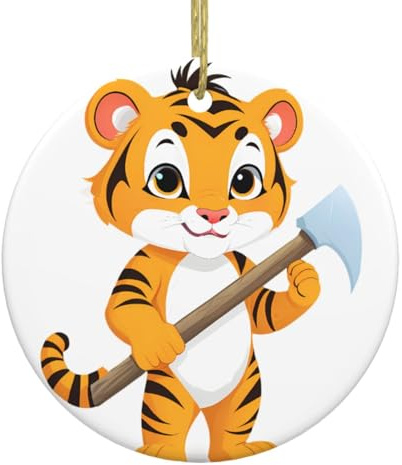 Christmas Ceramic Round Pendants YYHHAOFA Tiger cub with an Axe Picture are Smooth and Delicate for Holiday Decoration Party Dance and storefront