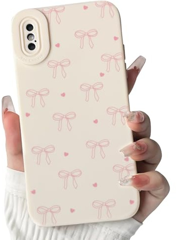 NITITOP for iPhone X/XS Case Cute Bow Love Heart, Pink | for Women Girls, Aesthetic Ribbon Bowknot Pattern, Color Back Soft TPU Shockproof Cover, Full Camera Protection