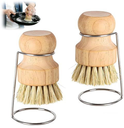 2PCS Wooden Dish Brush Set, Wooden Washing up Brushes Washing up Brush | Kitchen Cleaning Brushes, Wooden Scrubbing Brush with 2 Drain Racks, Bamboo Dish Brush for Cutlery Pots Sinks Pans Vegetable