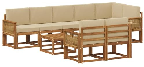 vidaXL Outdoor-Sofagarnitur mit Kissen 9 pcs Natur und Beige Polyester, Stylisches Außensofa, wetterfestes Set, Bequeme Sitzgelegenheit für den Garten, Akazienholz Möbel