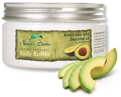 Nature’s Secrets Avocado Körperbutter – Tiefenpflegende Creme mit Virgin Coconut Oil, Sesamöl & Vitamin E – Intensive Feuchtigkeit für Trockene & Empfindliche Haut – 200 ml