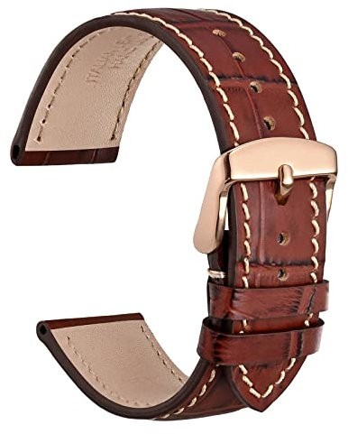 WOCCI 22mm Uhrenarmband Leder für Damen und Herren, Geprägtes Alligator, Roségoldene Schnalle (Braun mit Beige Nähten)