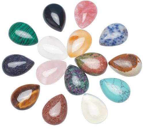 PandaHall 15 Stile Wassertropfen Edelstein Cabochon Flatback Perlen Quarz Chakra Stein für Halskette Armband Schmuckherstellung Handwerk, 25x18x6mm