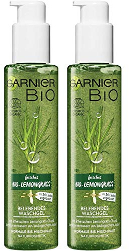 Garnier Bio Lemongrass Belebendes Waschgel, Naturkosmetik, Gesichtsreinigung mit Glycerin, ätherische Öle (2 x 150 ml)