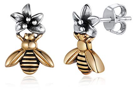 Nofade Silver Ohrringe Gold 18 K Ohrstecker aus Sterling-Silber 925 Biene/Heiliges Herz Schmuck schick modisch Vintage Fantasie für Damen Mädchen Kinder (Geschenkbox im Lieferumfang enthalten),