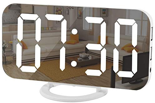 SZELAM Digital Clock Large Display, LED Electric Alarm Clock Mirror Surface for Makeup with Diming Mode, 3 Levels Brightness, Dual USB Ports Modern Decoration for Home Bedroom Decor (White)
