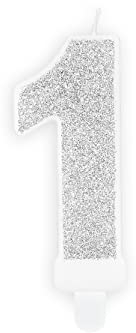 Candela per torta di compleanno, numero 1, argento scintillante, 7 cm