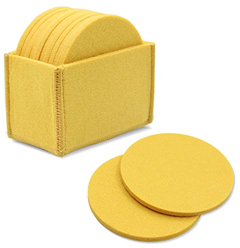 Meffort Inc Set of 10 Felt Coaster Set with Holder, Table Coasters for Drinks, Absorbent & Protect Furniture & Table - Yellow