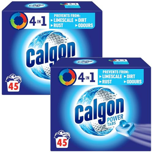 Calgon 4-in-1 Washing Machine Cleaner and Water Softener Tablets, 45 Count, Pack of 2 | Removes Limescale, Residue, Dirt, Rust & Malodours | Deep Clean | L Pack Size