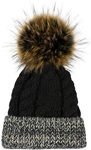 styleBREAKER Unisex Einfarbige Strick Bommelmütze, bunt gemusterter Bund, Fleece Futter, Winter Fellbommel Mütze 04024180, Farbe:Schwarz