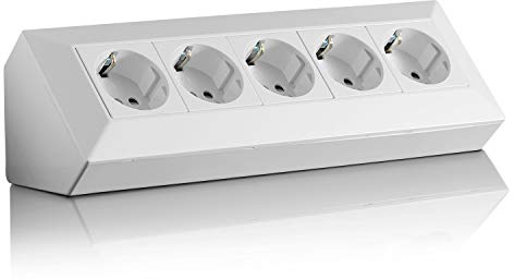 Eck-Steckdose Schuko, USB für Küche, Büro, Werkstatt. Steckdosenleiste für Küchen-Arbeitsplatte, Aufbausteckdose oder Unterbausteckdose - ohne Kabel, Kunststoff groß:5 F weiß