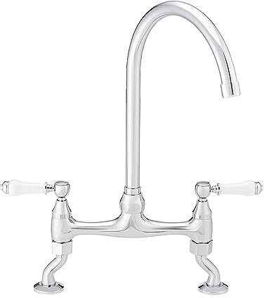 ENKI, Astbury, KT099, Deck Mounted Chrome, Kitchen Sink Mixer Tap, Featuring a Swivel Swan Neck Spout and Quarter Turn Ceramic White Levers, Solid Brass Construction, Traditional Design