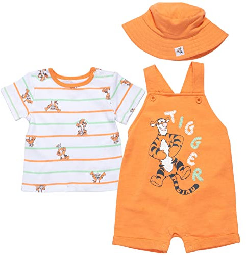 Disney Tigger Winnie Puuh Baby French Terry kurzer Overall, T-Shirt und Mütze, 3-teiliges Outfit-Set, für Neugeborene und Kleinkinder, Tigger, 0-3 Monate