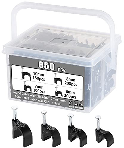 Kinsinder 850 pièces Câble Clips Rond avec Clou en Acier, Attaches de Câbles, Fixation Cable Electrique, Cavalier Cable Electrique pour la Maison ou le Bureau 6mm 7mm 8mm 10mm