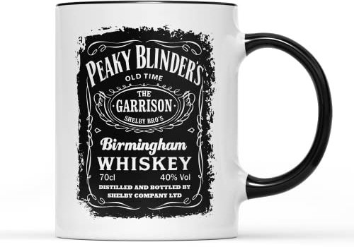 WillowGifts Shelby Whiskey Mug Tea Coffee Cup Birmingham City Garrison Period Crime Drama Gang Family Gangster World War Irish TV Show Series Newsboy Flat Cap Gift Present (Black Handle)