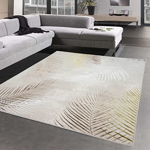 CARPETIA Moderner Wohnzimmer Designerteppich mit Palmenzweigen | pflegeleicht | Creme Gold, 240 x 340 cm