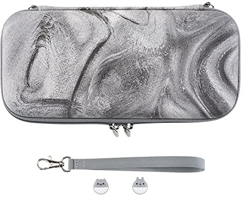 playvital Carrying Case for Nintendo Switch & Switch OLED, Portable Pouch Storage Handbag Travel Bag Protective Hard Case for Switch Console w/Thumb Grip Caps & 10 Game Card Slots - Silver Swirl
