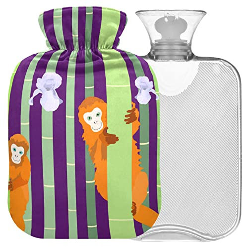 Naanle Tier Affe Wärmflasche mit Bezug Transparente Warmwasserflasche 1L Wärmflasche für Bett Handfüße Wärmer Schmerzlinderung Wärme und Kältetherapie