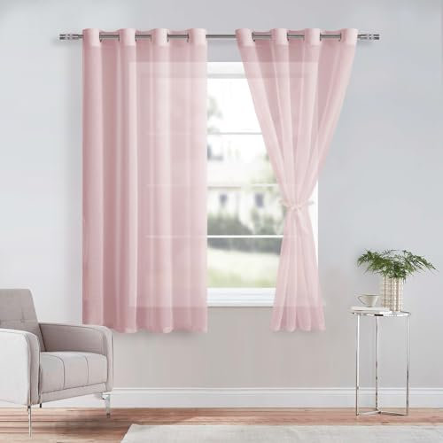 DWCN Blush Pink Sheer Curtains with Tiebacks Semi Transparent Voile Grommet Curtains Elegant Window Curtains for Bedroom and Living Room,2 Panels,W56 x L54
