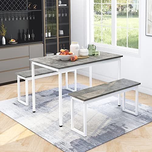 Merax 3-Piece Dining Sets,Table and Bench Set,Furniture Set for Home Kitchen Patio Outdoor Industrial Style Steel Frame And Imitation Marble Veneer 114 * 70 * 75cm Gray