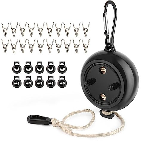 Tendedero Extensible,10 mCuerda Tendedero Exterior Retractil, Tendedero de Viaje Adjustable,con 10 Cierres y 20 Clips Cortavientos,para Interior Exterior Camping Viajes Accesorios (Negro)