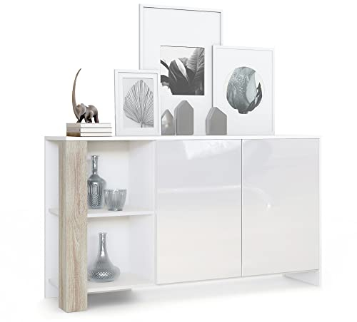 Vladon Sideboard Canto, Made in Germany, Lange Anrichte mit 2 Türen und 6 Fächern, Korpus Weiß matt, Fronten Weiß Hochglanz, Dekor-Paneele Eiche sägerau (143 x 81 x 36 cm)