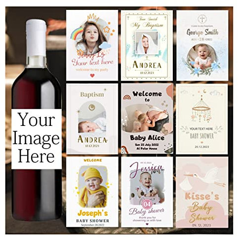 jifu Pegatinas personalizadas para botella de vino con nombre de bebé, impresión de fotos, cumpleaños, bautizo, baby shower, embarazo, anuncio de bebé, etiquetas de vino personalizadas (10,20
