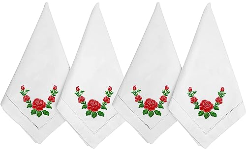 HCRAFT Bestickte Baumwollservietten, Stoffservietten, 4 Stück, 45,7 x 45,7 cm, Rosen-Serviette, quadratischer Stoff, Esszimmer, Servietten, Stoff, maschinenwaschbar, Baumwolltuchservietten mit