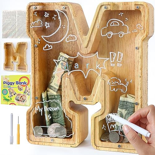 Lakpopya Spardose für Kinder Jungen Mädchen Sparschwein Kinder Spardose Personalisiert Durchsichtig Spardose Buchstabe Holz A-Z mit Zielbereich & Aufkleber & Marker, Taufe Geschenk Dekoration (M)