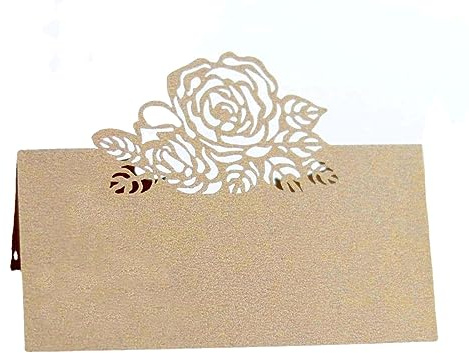 SYSUII Tischkarten,Platzkarten 50 stück Blanko Namenskärtchen 3D Rose Blumen Muster Namensschilder Namenskarten Hohle Sitznummernkarten für Hochzeiten, Party Dekoration Bankette Taufe Engagierte-Gold