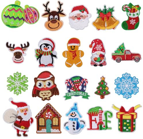 20 pcs Christmas Iron on Patches Santa Claus Snowman Christmas Tree Sew on Applique Embroidered Patch DIY Decorative Repair Patches for Clothing Christmas Gifts Xmas Decals