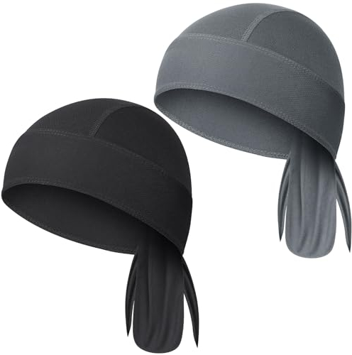 MELLIEX 2 Stück Sport Bandana Cap Herren Damen, Atmungsaktive Kopftuch, UV-Schutz Piratentuch, Verstellbarer Durag für Radfahren Klettern Laufen Fitness, Schwarz und Grau