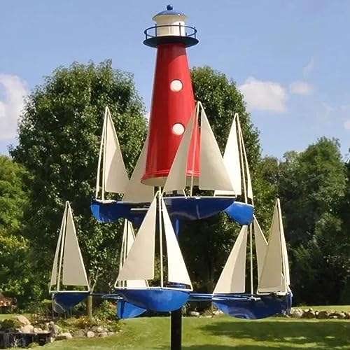 Gavigain Segelboot-Windmühlen, Metall, leuchtende Farben, Leuchtturm, Segelboot, Dekoration, Kunst, Garten, Windskulptur, kinetisch, für Hofgarten