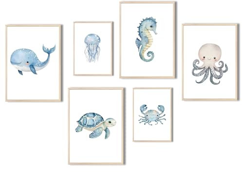 MeinBaby123® Unterwasserwelt Bilder Kinderzimmer | 6er Set DIN A4 & DIN A5 | Wal, Schildkröte, Qualle | Kinderzimmer Deko Meer | Kinderzimmer Bilder | Geschenk zur Geburt (Unterwasserwelt V5)