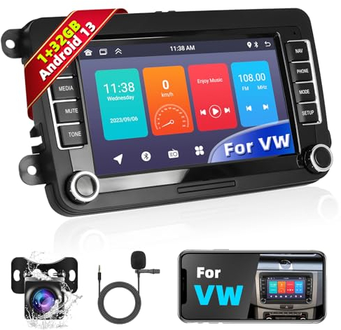 Podofo Autoradio für VW Golf 5 6 Seat Passat Polo Caddy Tiguan Touran mit Wireless Carplay&Android Auto, 1+32G Android 13 Bluetooth/Touchscreen/Navi/SWC/WiFi/Mirror Link/FM/RDS/HiFi/MIC+Rückfahrkamera