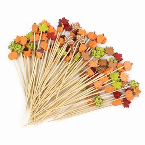 100PCS Cocktail Sticks, 4.7 Inch Fall Leaves Pumpkins Acorns Fancy Toothpicks Bamboo Burger Sticks Cocktail Skewers Cocktail Accessories for Drinks Fall Autumn Thanksgiving Day Party Decor