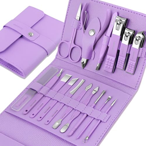 Kit Manucre Pedicure - Coupe Ongle Professionnel Coupe Cuticule Acier Inoxydable - Trousse Manucure Pedicure Set de 16pcs avec Exquis La Boîte (Violet)