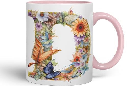 Vixar Letter D Mug, Floral Flowers Butterfly Alphabet Letter D Monogram Watercolour Ceramic Coloured Mug Cup for Tea Coffee Hot Brew 330ml 11Oz Gift (Pink)