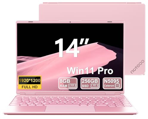 NOTODD 2025 Ordinateur Portable 14 Pouces Win11 Pro PC Portable Gamer Celeron N5095 8Go RAM 256Go SSD Soutien Extension 1TB(TF 512Go) 1920x1200 Laptop Mini HDMI Type-C AZERTY Clavier Couverture-Rose