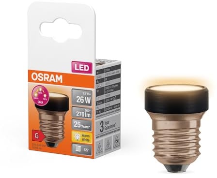 OSRAM LED STAR FLAT mit 3.5W (wie 26W), 270lm/2700K, warmweiß 827, frosted, Kunststoff in Schwarz, mit E27 Schraubgewinde, 3-fach dimmbar über Wandschalter, 35 mm Durchmesser