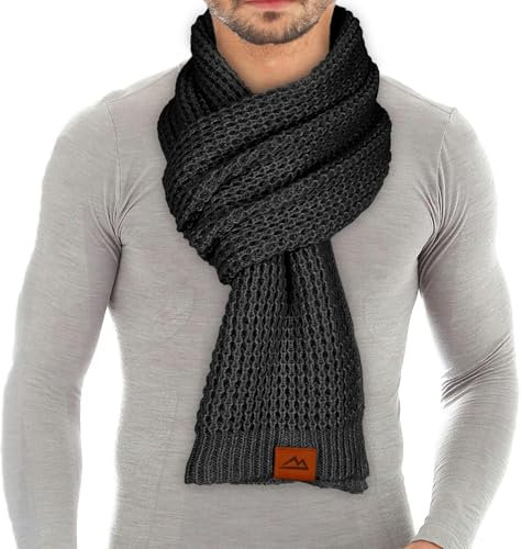 Loowoko Schal Herren damen,Klassische Waffel Strickschal,Winterschal Unisex Warmer Plüsch Schals,Langschal mit Echt-Leder Veredelung,Geschenk für Mann und Vater