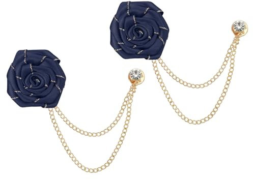 QUARKZMAN Broches à Chaîne Fleur Rose 4.5cm, Broche Costume Revers Homme Marié en Alliage Tissu, Chaînes Suspendues de Costumes Bordure Dorée pour Mariage Dîner Cérémonie, 2PCS Bleu Marine