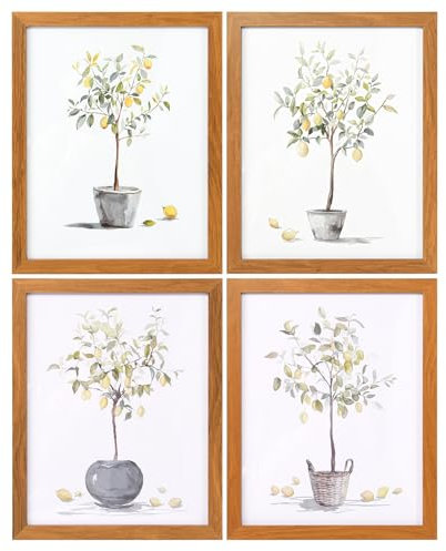 Art3dwallpanels Wandkunst-Set mit 4 Holzrahmen, Wanddekoration, botanischer Zitronenbaum, Dekor-Bilder für Zuhause, Küche, Wohnzimmer, Schlafzimmer, Badezimmer, 25,4 x 20,3 cm