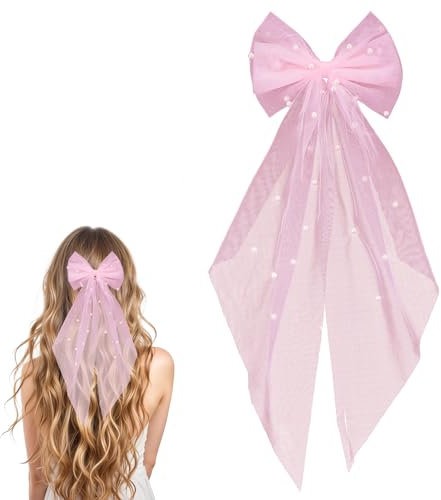 Yolev Braut Haarschleife Rosa Schleier Perlen Hochzeits Schleier mit Haarspange Kurze Schleife Tüll Haarschmuck für Damen Brautjungfern Junggesellenabschied Brautparty