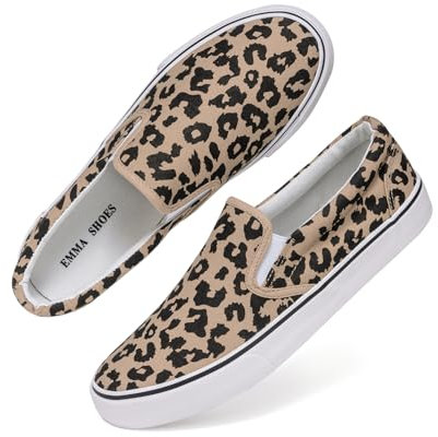 Low-Top-Slip-Ons, modische Damen-Sneaker, lässige Canvas-Sneaker für Damen, bequeme flache Schuhe, atmungsaktiv, gepolsterte Innensohle, Slip-On-Sneaker, niedrige Schlupfschuhe, Leopard, 40.5 EU