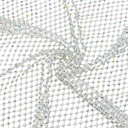 FINGERINSPIRE Weißer Strassstoff Dehnbares Netz 40x30cm Weicher Stretch Besh Stoff Elastisches Strassnetz Funkelnder Stretch Strassnetz Kristall Fischnetzstoff