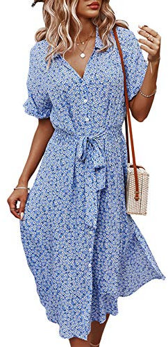 Jiraewh Damen Blumen Sommerkleid Knopf Kurzarm V-Ausschnitt Lose Knielang Kleid High Waist Midi-Hemdkleid Strandkleider Polka Dots Knopfkleid (3038-BL 2XL)