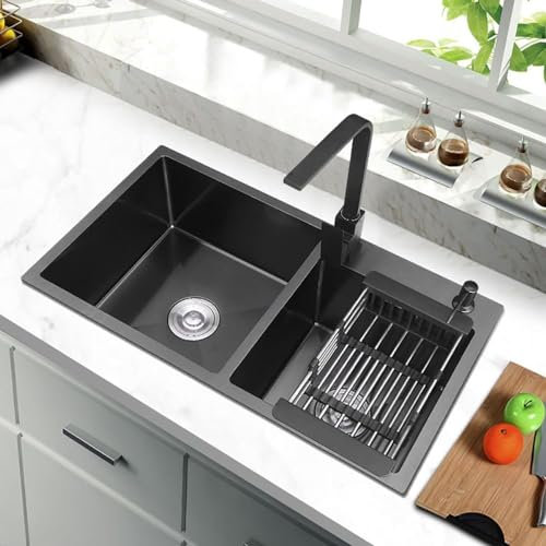 GWFBLID Lavandino Cucina Nero Lavello in Acciaio Inox,Doppio lavello, Lavello Cucina 1 Vasca in Acciaio Inox con Dispenser Sapone, Scolapiatti, sifone e Set di Drenaggio