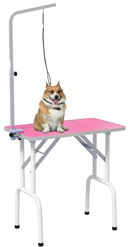 PawHut 32 Foldable Dog Grooming Table Pet Drying Beauty Table Adjustable Fixed Arm Rubber Top, Pink